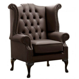 Chesterfield High Back Wing Chair Shelly Dark Chocolate Leather Bespoke In Queen Anne Style - thumbnail 1