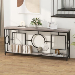 Costway 180Cm Long Mid-Century Console Table Rustic Metal Frame Sofa Table - thumbnail 1