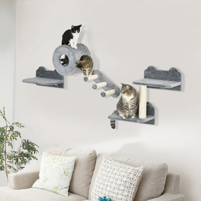 Pawhut 4Pcs Wall Mounted Cat Furniture Set With Steps Scratching Post, Grey - image 1