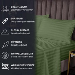 Ameha Stripe Fitted Sheet 40 Cm Deep Pocket- Hypoallergenic Easy Care Olive Green Bed Sheets Uk Double Bedsheet(137X190Cm) - thumbnail 2