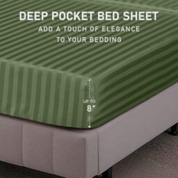 Ameha Stripe Fitted Sheet 40 Cm Deep Pocket- Hypoallergenic Easy Care Olive Green Bed Sheets Uk Double Bedsheet(137X190Cm) - thumbnail 7