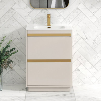 Royal Bathrooms Orion 600mm Warm Taupe 2 Drawer Floor Standing Vanity Unit With Ceramic Basin & Brushed Brass Strip - image 1