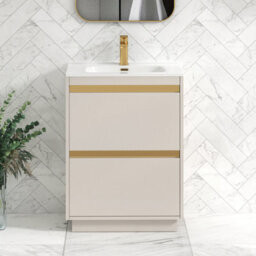 Royal Bathrooms Orion 600mm Warm Taupe 2 Drawer Floor Standing Vanity Unit With Ceramic Basin & Brushed Brass Strip