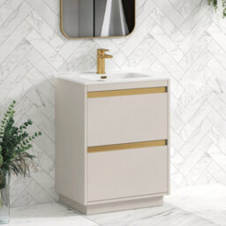 Royal Bathrooms Orion 600mm Warm Taupe 2 Drawer Floor Standing Vanity Unit With Ceramic Basin & Brushed Brass Strip - thumbnail 5