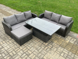Fimous Outdoor Rattan Garden Furniture Sets Height Adjustable Rising Lifting Dining Table Sofa Set With Big Footstool - thumbnail 2