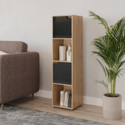 Urbn-Living Urbnliving 119Cm Height 4 Cubes Oak Wooden Bookcase Display Shelf Storage Cabinet With Modern Geo Black Door - thumbnail 3