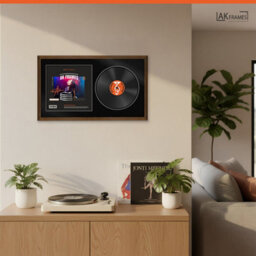 "30X17"" Walnut Classic Vinyl Record Frame With Black Mount For 12 Inch Lp Album Cover & Disc - Ak Frames" - thumbnail 5