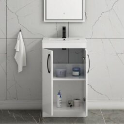 Royal Bathrooms Turin Gloss White 500mm Floor Standing Vanity Unit 2 Door With Minimalist Basin Sink & Matt Black Handles - thumbnail 3