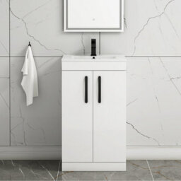 Royal Bathrooms Turin Gloss White 500mm Floor Standing Vanity Unit 2 Door With Minimalist Basin Sink & Matt Black Handles