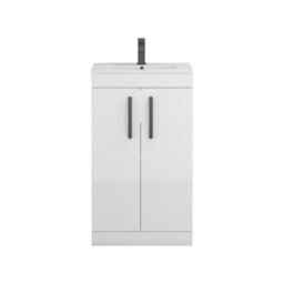 Royal Bathrooms Turin Gloss White 500mm Floor Standing Vanity Unit 2 Door With Minimalist Basin Sink & Matt Black Handles - thumbnail 6
