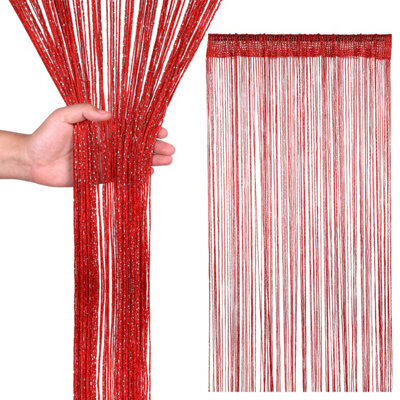 Neel Blue String Curtains Glitter Fringe Panel Fly Screen Doorway Tassel Curatin, 200Cm X 90Cm - Red - image 1