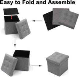 Home Luxe Interiors Luxurious Foldable Square Grey Linen Storage Box Seat Ottoman - thumbnail 3