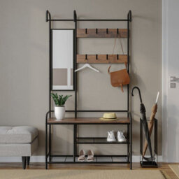 Urbn-Living Urbnliving 186Cm Height Entryway Hallway Coat Hanger Stand & Shoe Bench Storage Display Rack With Mirror Black & Rustic Oak