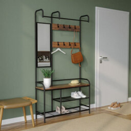 Urbn-Living Urbnliving 186Cm Height Entryway Hallway Coat Hanger Stand & Shoe Bench Storage Display Rack With Mirror Black & Rustic Oak - thumbnail 3