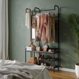 Urbn-Living Urbnliving 186Cm Height Entryway Hallway Coat Hanger Stand & Shoe Bench Storage Display Rack With Mirror Black & Rustic Oak - thumbnail 4