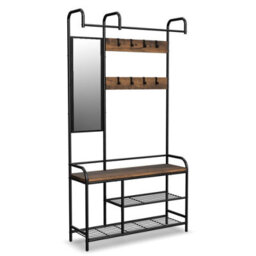 Urbn-Living Urbnliving 186Cm Height Entryway Hallway Coat Hanger Stand & Shoe Bench Storage Display Rack With Mirror Black & Rustic Oak - thumbnail 5