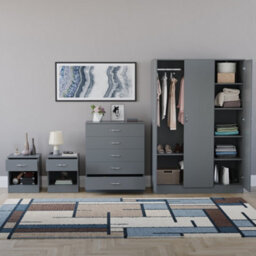 Lassic Vida Designs Riano 4 Piece Bedroom Set (1 Drawer Bedside Chest, 5 Drawer Chest, 3 Door Wardrobe), Grey - thumbnail 2