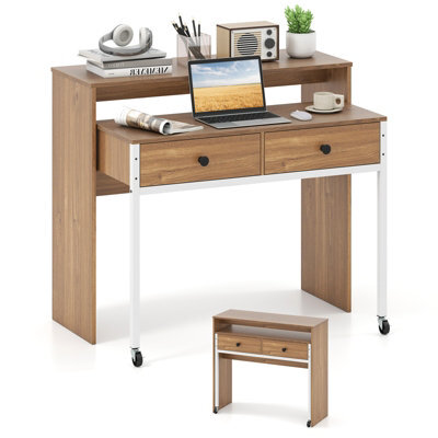 Gainoom Extendable Natural Computer Desk Convertible Home Office Desk W/ Drawers - image 1