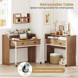 Gainoom Extendable Natural Computer Desk Convertible Home Office Desk W/ Drawers - thumbnail 9