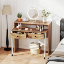 Gainoom Extendable Natural Computer Desk Convertible Home Office Desk W/ Drawers - thumbnail 4