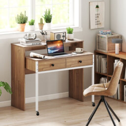 Gainoom Extendable Natural Computer Desk Convertible Home Office Desk W/ Drawers - thumbnail 5