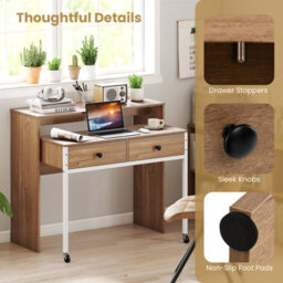 Gainoom Extendable Natural Computer Desk Convertible Home Office Desk W/ Drawers - thumbnail 6