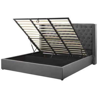 Beliani Ottoman Bed Velvet Lubbon 180 X 200 Cm (Eu Super King) Grey - image 1