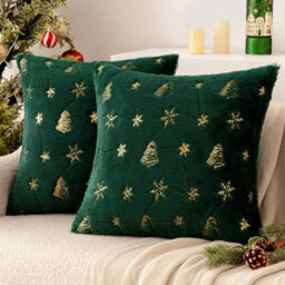 Amorly 2Pcs 18X18In Christmas Tree Cushion Covers, Green Throw Pillow Cases With Gold Glitter Snowflake, Not Included For Sofa Bed Decor - thumbnail 2