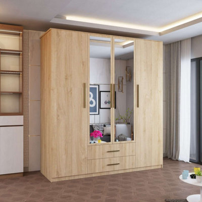 Sliding Wardrobes 4 u LTD Modern 4 Door Hinged Wardrobe - Bedroom Cabinet With 2 Mirror, Drawers And Shelves (Oak, 171Cm) - image 1