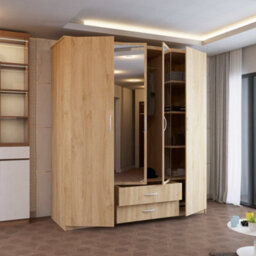 Sliding Wardrobes 4 u LTD Modern 4 Door Hinged Wardrobe - Bedroom Cabinet With 2 Mirror, Drawers And Shelves (Oak, 171Cm) - thumbnail 3
