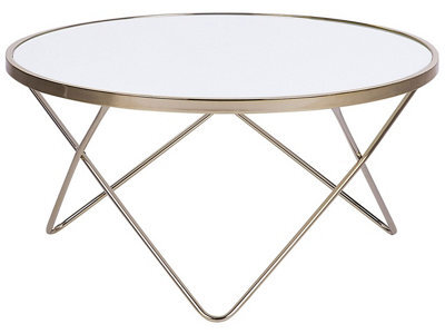 Beliani Lux 80Cm Round White Tempered Glass Coffee Table With Gold Hairpin Legs - image 1