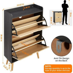 Black Rattan Hidden Shoe Cabinet 2 Flip Drawers Entryway Storage - thumbnail 2