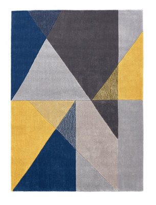 Blue Ochre Geometric Rug, Easy To Clean Rug, Handmade Modern Luxurious Rug For Living Room, & Dining Room-120Cm X 170Cm - image 1