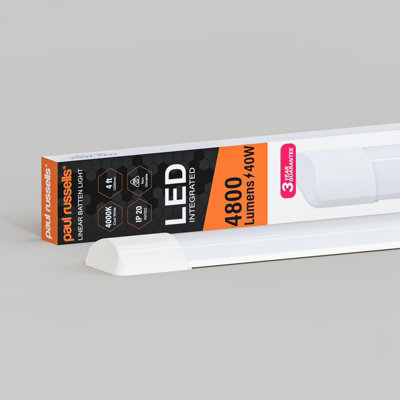 Paul Russells 4 Ft Led Batten Tube Lights, 40W 4800 Lumens, Ip20, 4000K Cool White, Ultra Slim, Pack Of 1 - image 1