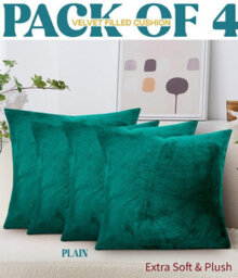 Ameha Green Plain Velvet Cushions Set, 18X18 Inch, Includes 4 Filled Cushions & 4 Covers, Breathable & Anti Allergic - thumbnail 1