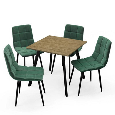 Urbn-Living Urbnliving 80Cm Oak Square Table With 4 Green Velvet Chairs  - image 1