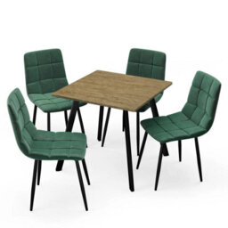 Urbn-Living Urbnliving 80Cm Oak Square Table With 4 Green Velvet Chairs  - thumbnail 1
