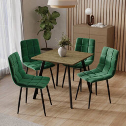 Urbn-Living Urbnliving 80Cm Oak Square Table With 4 Green Velvet Chairs  - thumbnail 2