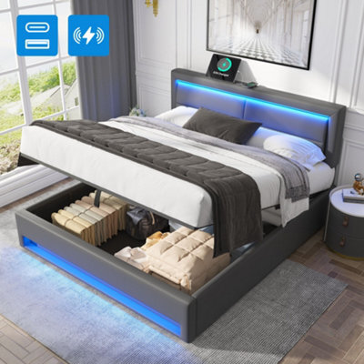 Btm 6Ft Super King Pu Bed Grey 180X200Cm With Led Lighting Usb Wireless Charging And Storage Space - image 1