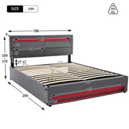 Btm 6Ft Super King Pu Bed Grey 180X200Cm With Led Lighting Usb Wireless Charging And Storage Space - thumbnail 6