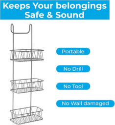 Blue Canyon Grey 3 Tier Over Shower Screen Caddy Rust Resistant Hanging Bathroom Storage Rack - thumbnail 2