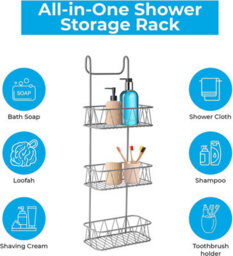 Blue Canyon Grey 3 Tier Over Shower Screen Caddy Rust Resistant Hanging Bathroom Storage Rack - thumbnail 4