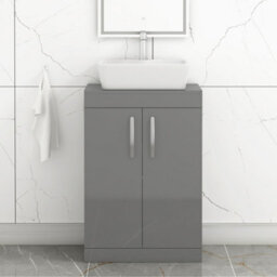Royal Bathrooms 600mm Floor Standing Vanity Unit 2 Door Indigo Grey Gloss & Countertop Basin - Cube - thumbnail 1