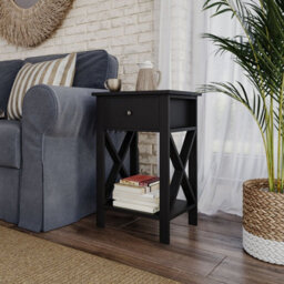 Urbn-Living Urbnliving 60Cm Height Black Wooden 1-Drawer Bedside Sofa Side End Table X-Frame Nightstand With Storage Shelf - thumbnail 4