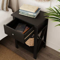Urbn-Living Urbnliving 60Cm Height Black Wooden 1-Drawer Bedside Sofa Side End Table X-Frame Nightstand With Storage Shelf - thumbnail 2