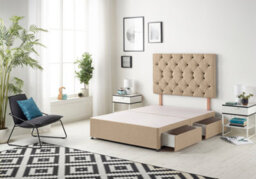 "Somnior Beds Premier 4Ft Small Double Divan Bed Base With 30"" Tufted Headboard - Plush Velvet, Beige - 4 Drawer Storage"