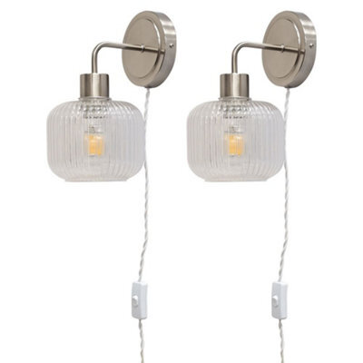 First Choice Lighting Set Of 2 Toby - Satin Nickel Plug In Wall Lights  Ribbed Glass Shades - image 1