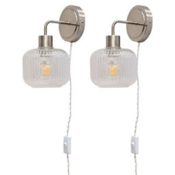 First Choice Lighting Set Of 2 Toby - Satin Nickel Plug In Wall Lights  Ribbed Glass Shades - thumbnail 1