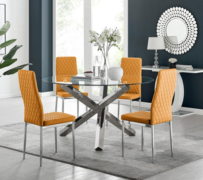 Furniturebox Uk Vogue Large Round Chrome Metal Clear Glass Dining Table And 4 Mustard Milan Dining Chairs Set - image 1