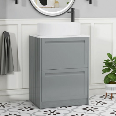 Royal Bathrooms Royal Bathroom Elmore 600mm Matt Pebble Grey Freestanding Bathroom Vanity Unit 2 Drawer Plain White Worktop With Peak Basin - image 1